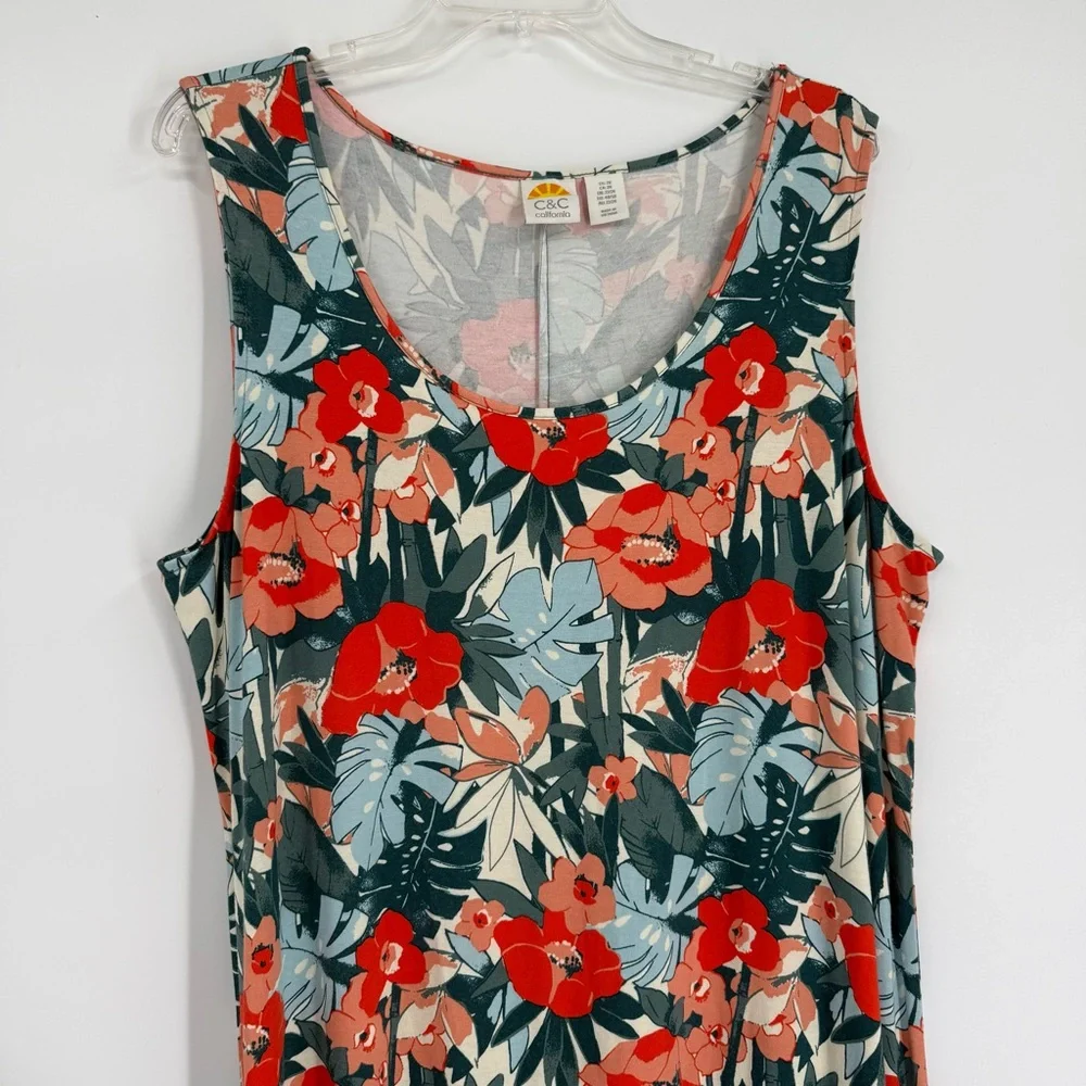 C&C California 2X Midi Maxi Dress Orange Green Tropical Handkerchief Hem Stretch